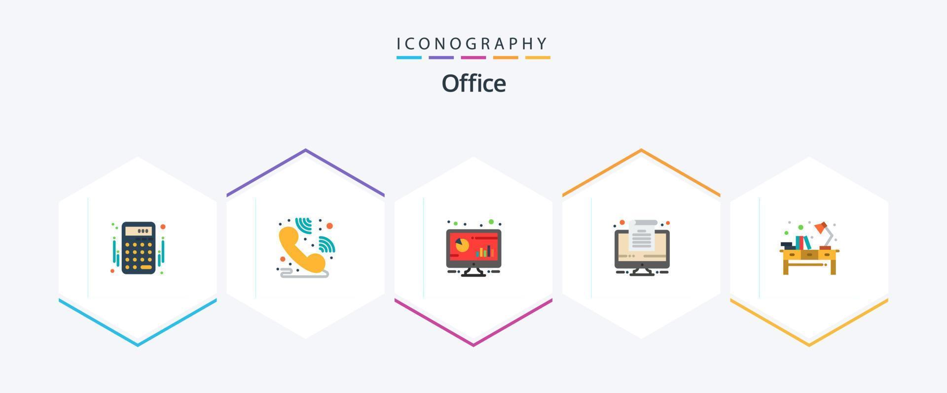 Office 25 Flat icon pack including table. desk. bar. office. computer vector