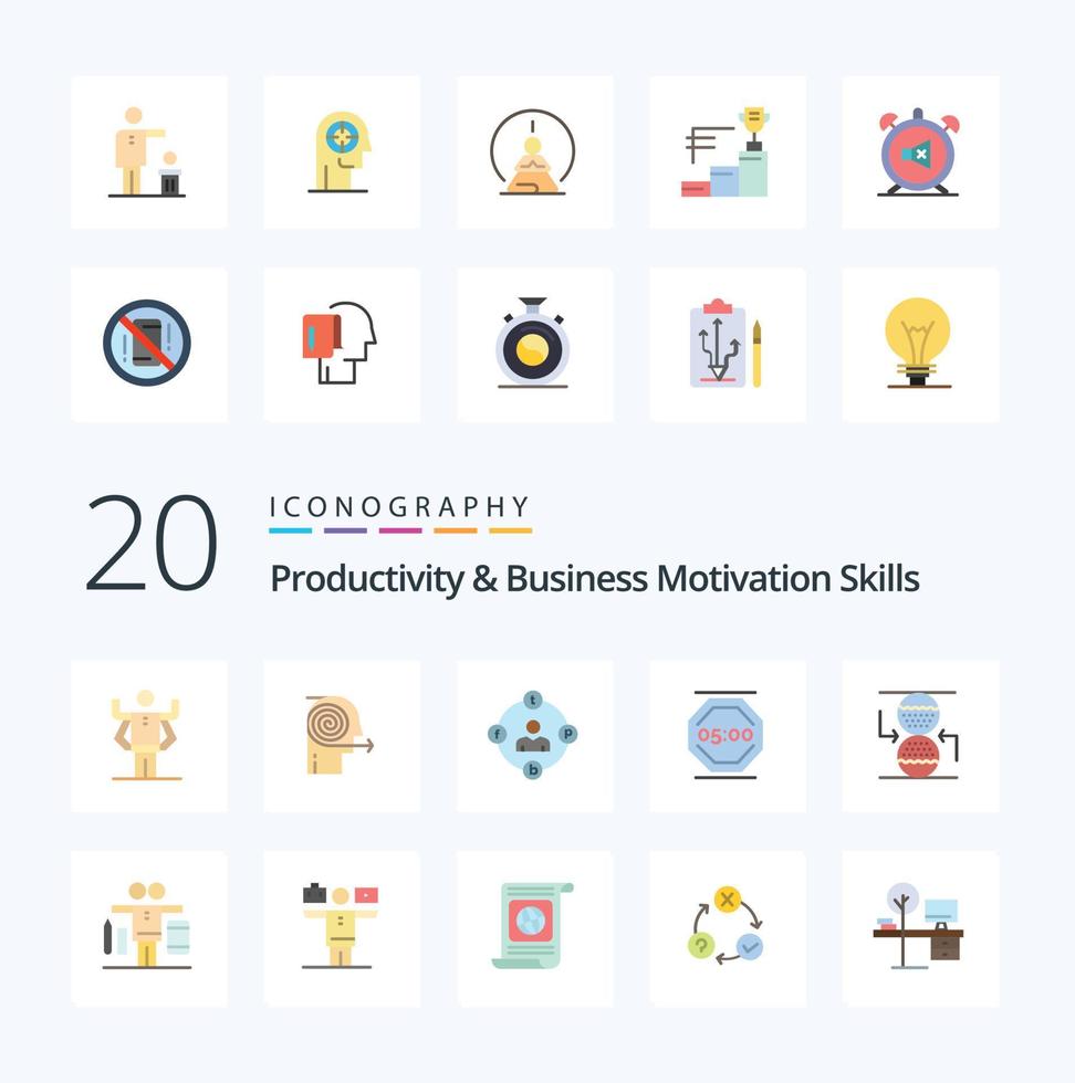 20 Productivity And Business Motivation Skills Flat Color icon Pack like work rest focusing stop work media vector