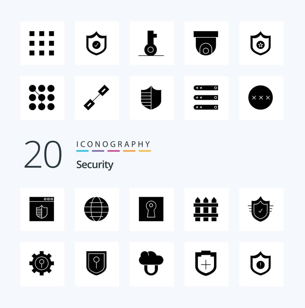 20 Security Solid Glyph icon Pack like protection wood key security fence vector