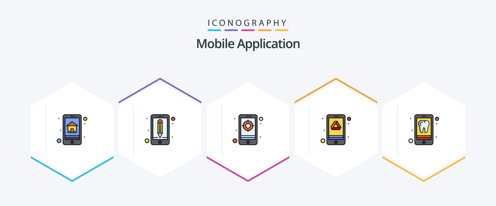 paquete de iconos de 25 líneas completas de aplicaciones móviles que incluye dental. aplicación solicitud. almacenamiento. conducir vector