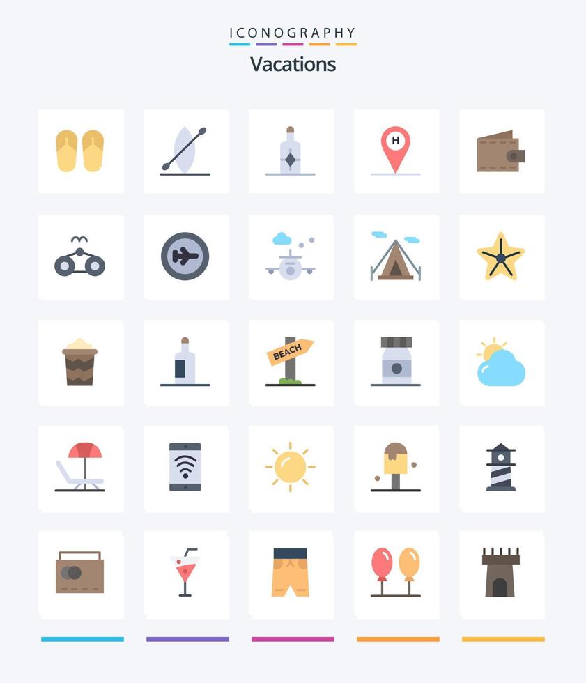 Creative Vacations 25 Flat icon pack  Such As beach. purse. sunblock. money. location vector