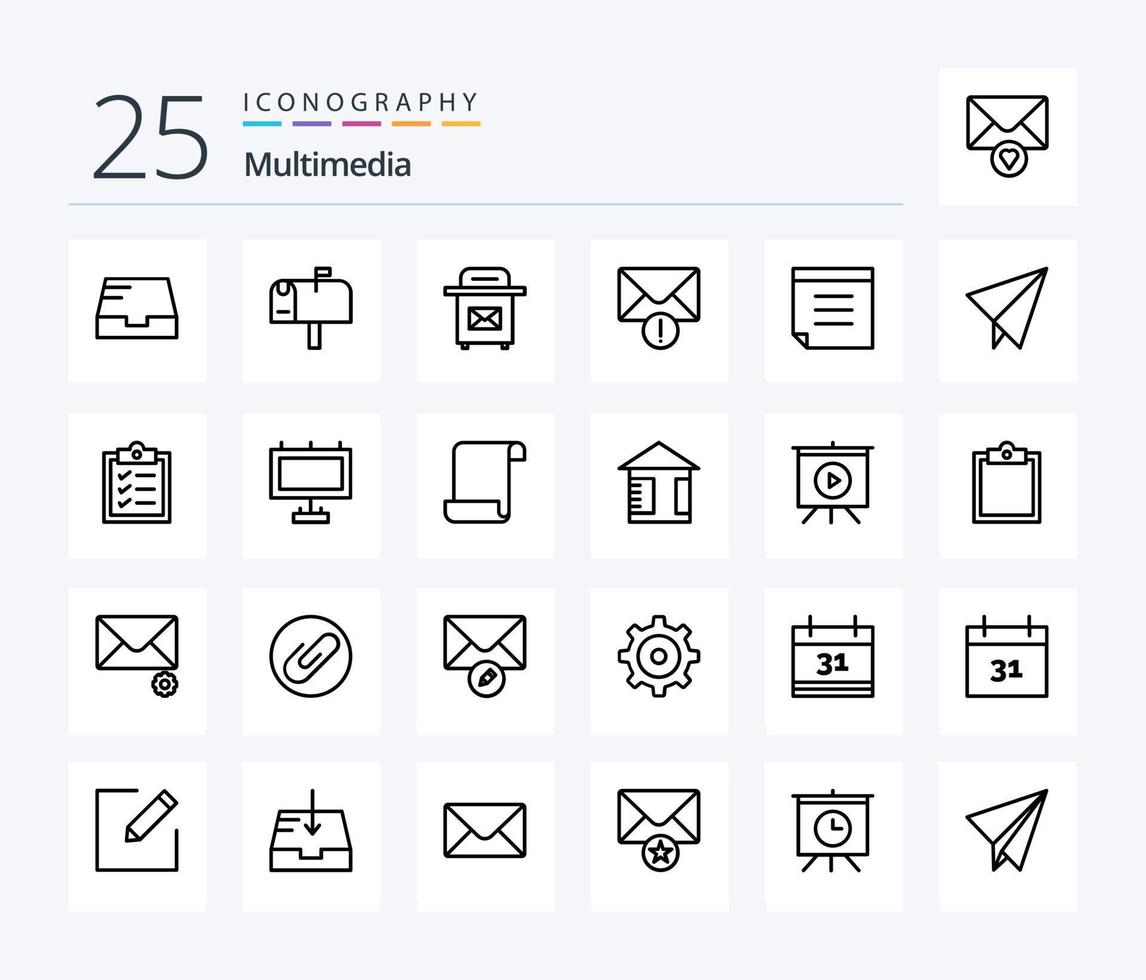 paquete de iconos multimedia de 25 líneas que incluye tablero. tareas. mensaje. lista. avión vector