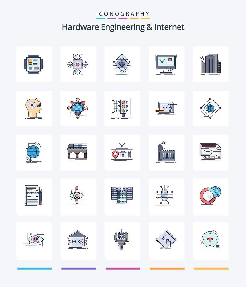 Creative Hardware Engineering And Internet 25 Line FIlled icon pack  Such As sensor. buildings. science. smart. monitor vector