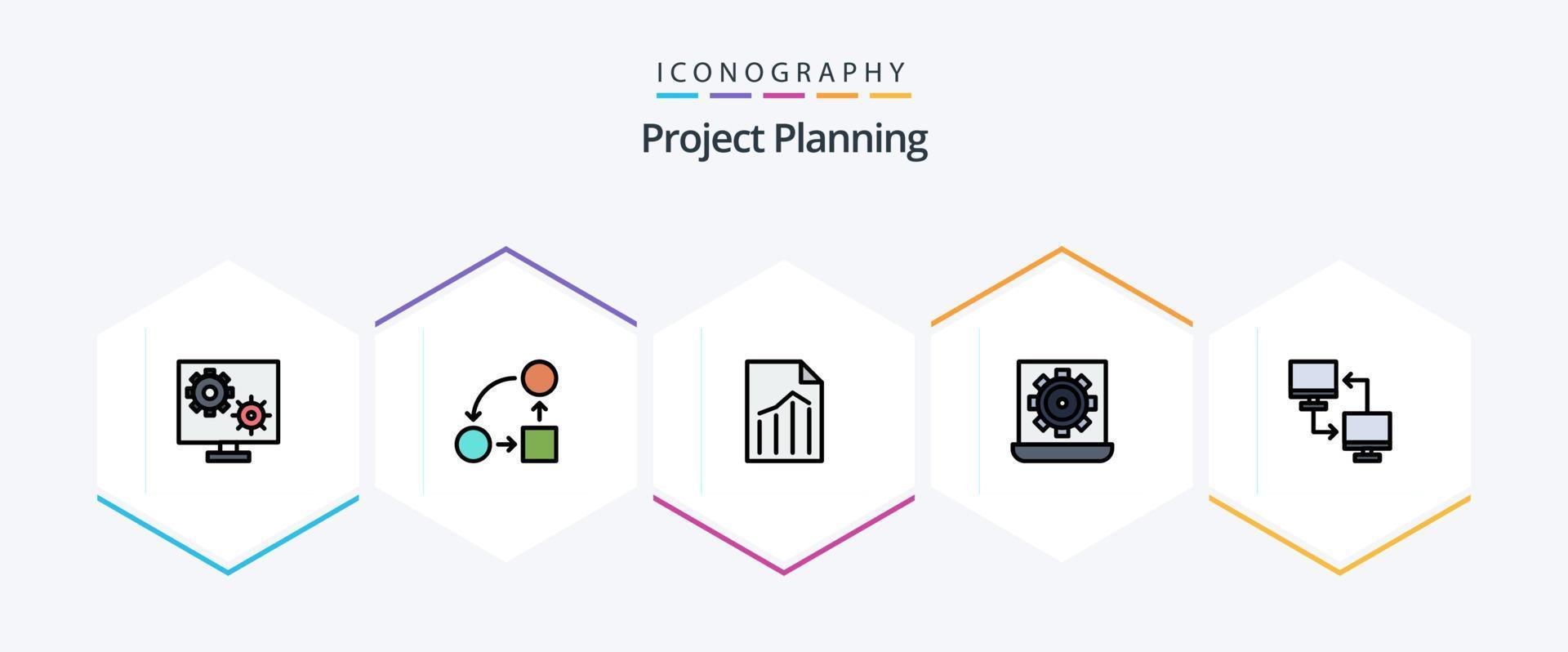 Paquete de iconos de 25 líneas completas de planificación de proyectos que incluye una computadora portátil. computadora. estrategia. hoja. página vector