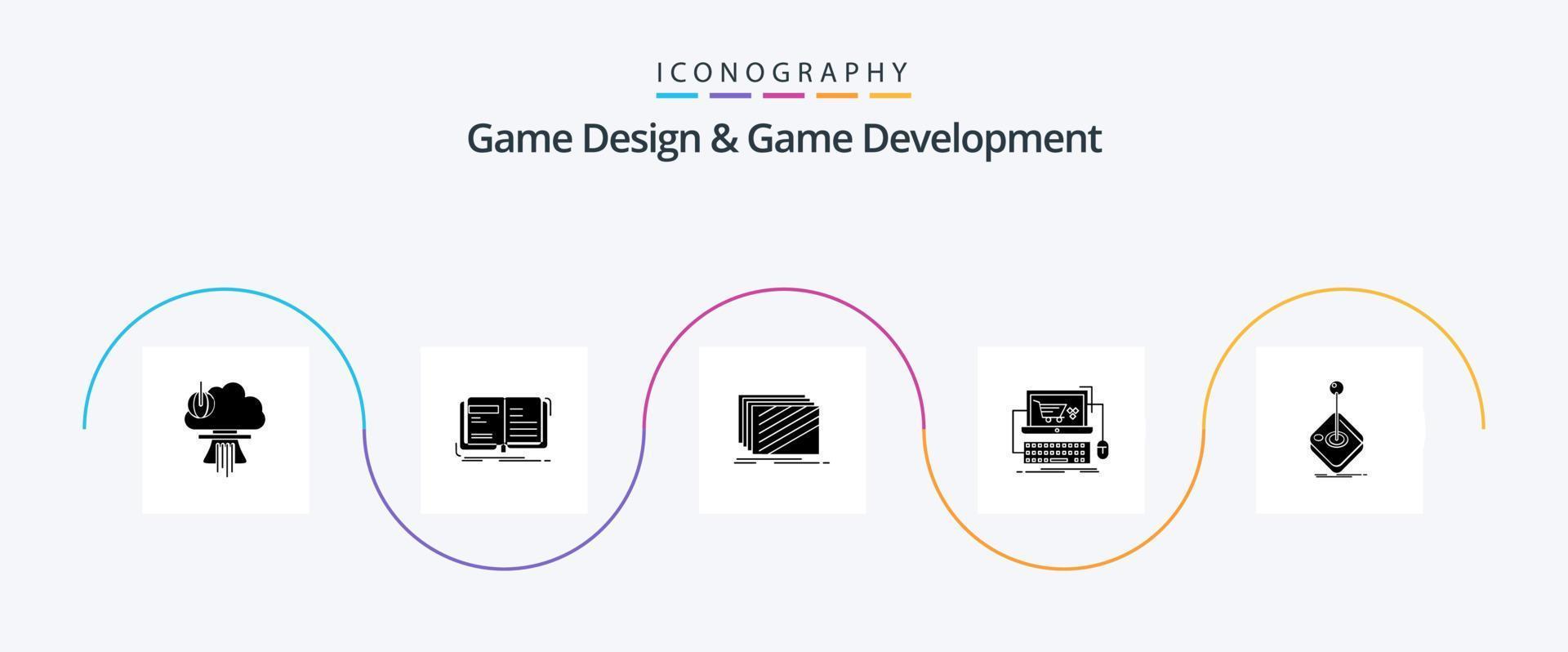 paquete de iconos de glifo 5 de diseño y desarrollo de juegos que incluye tienda. carro. historia. texturas disposición vector