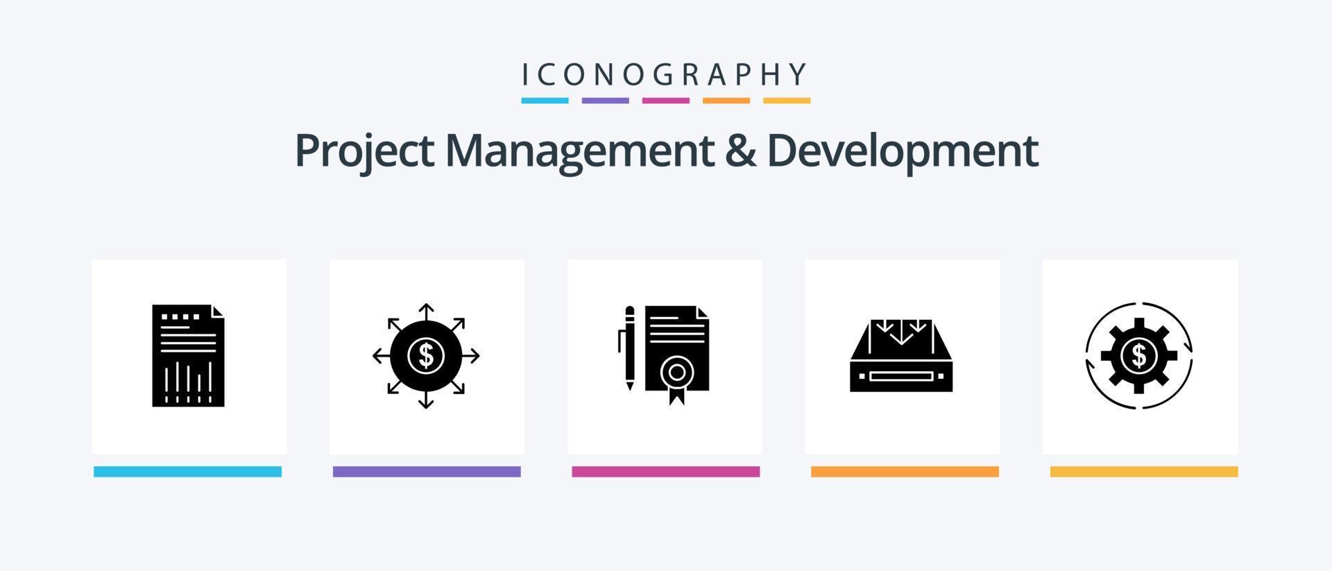 paquete de iconos de glifo 5 de gestión y desarrollo de proyectos que incluye correo. página. bancario. documentos. documentos legales. diseño de iconos creativos vector