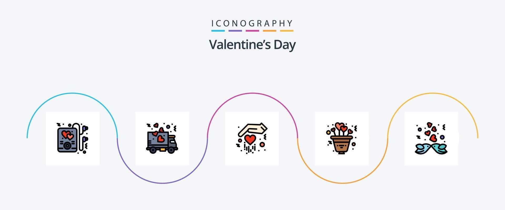 la línea del día de san valentín llenó el paquete de iconos planos 5 que incluye amor. pareja. mano. aves. planta vector