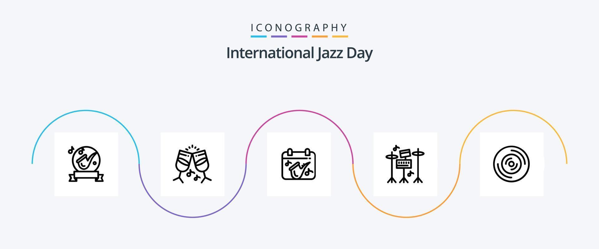 paquete de iconos de la línea 5 del día internacional del jazz que incluye equipo. beber . saxofón. música vector