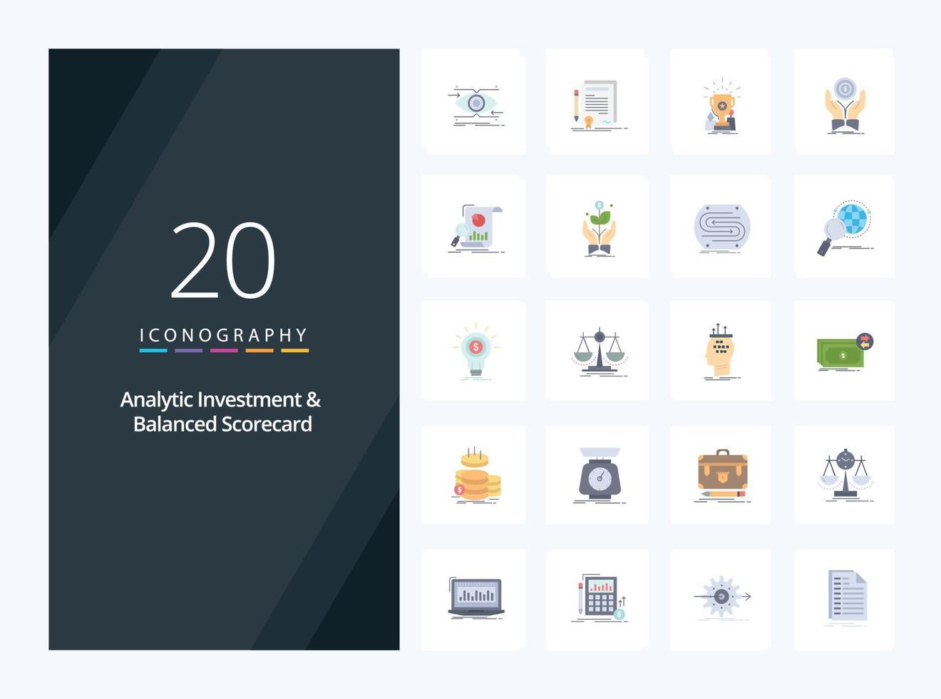 20 Analytic Investment And Balanced Scorecard Flat Color icon for presentation vector