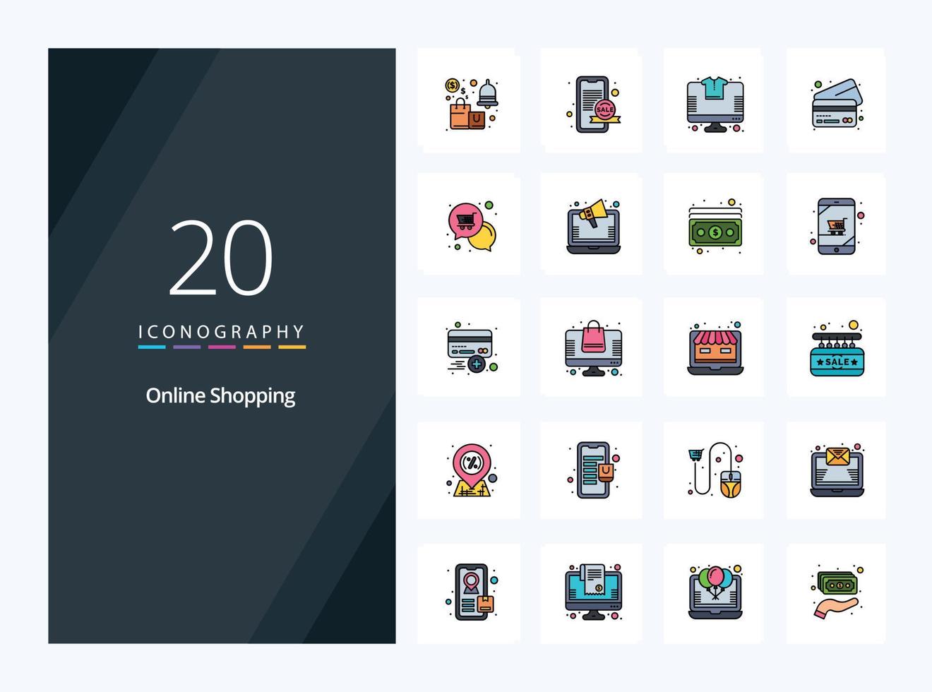 20 icono lleno de línea de compras en línea para presentación vector