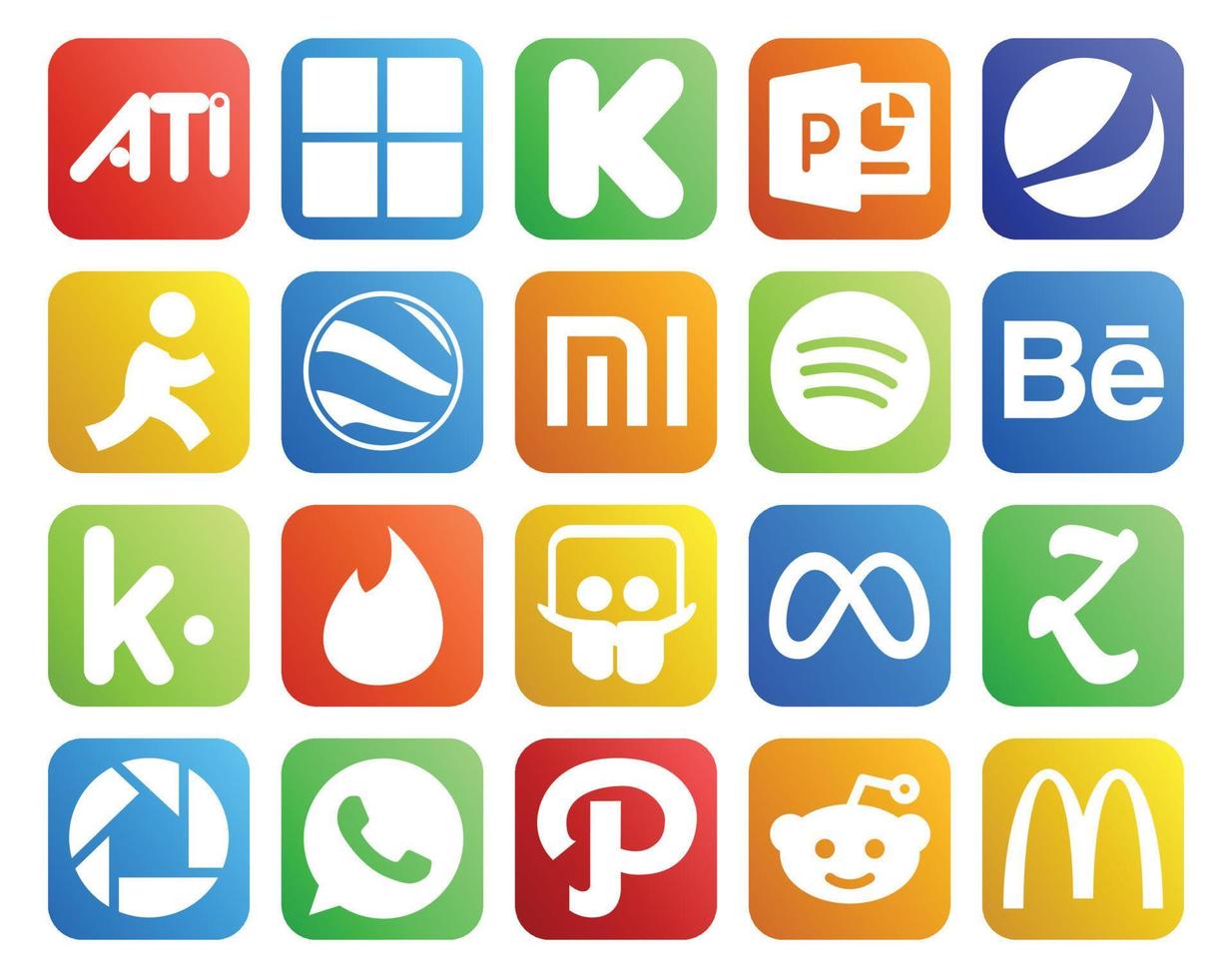 Paquete de 20 íconos de redes sociales que incluye whatsapp zootool spotify facebook slideshare vector