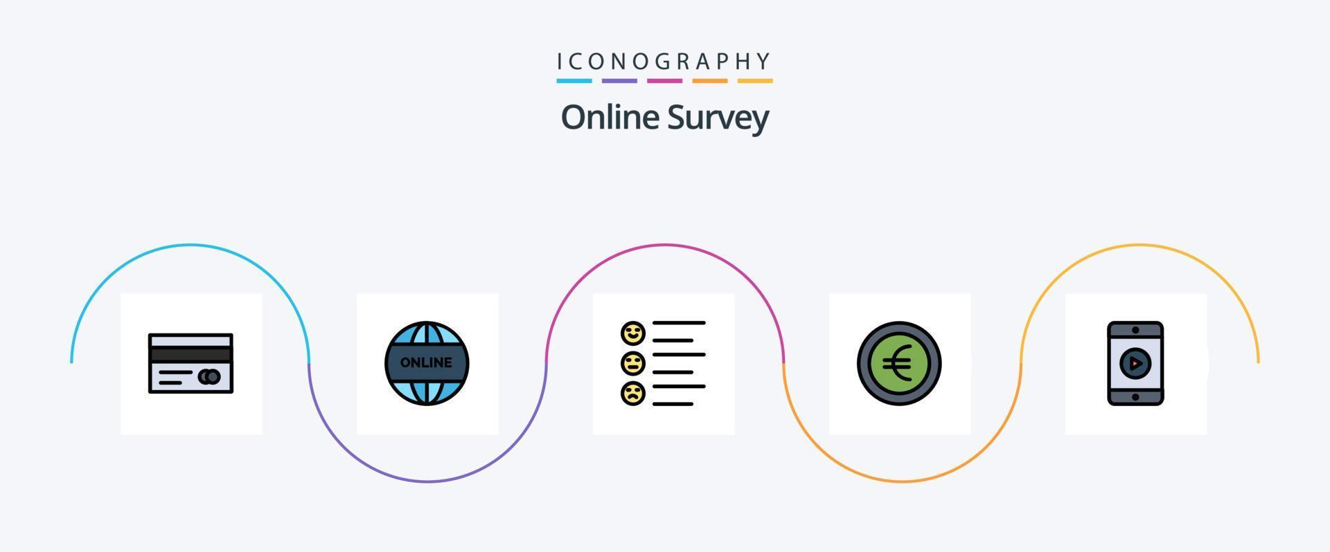 la línea de encuesta en línea llenó el paquete de iconos planos 5 que incluye video. móvil. formato. firmar. moneda vector