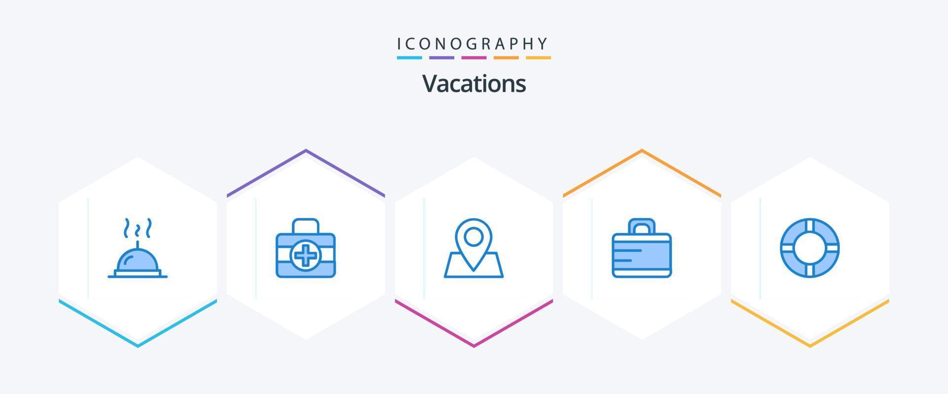 Paquete de 25 íconos azules de vacaciones que incluye . . ubicación. boya salvavidas. seguro vector