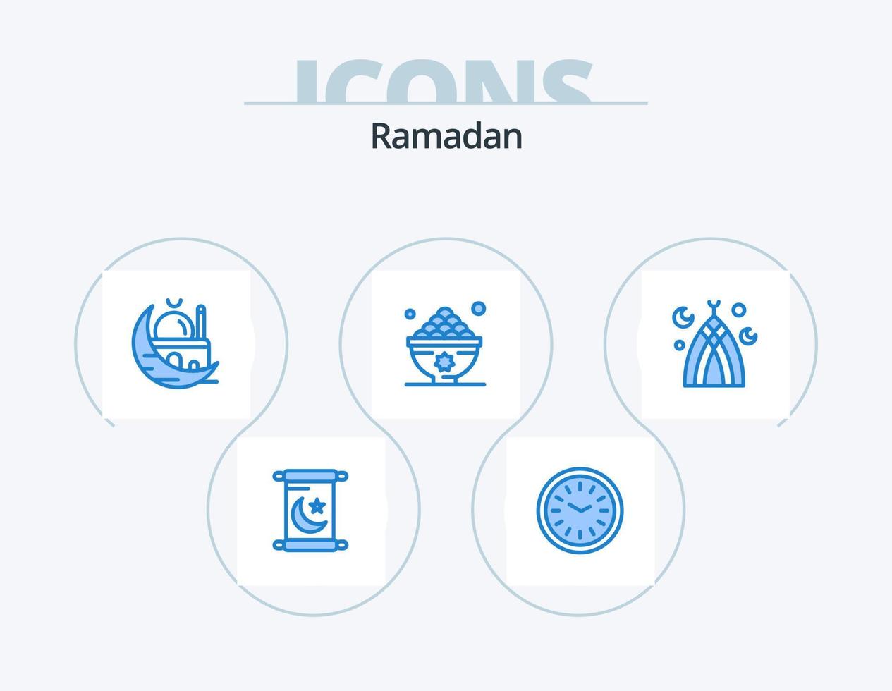 paquete de iconos azul ramadán 5 diseño de iconos. comida. iftar. creciente. alimento. musulmán vector