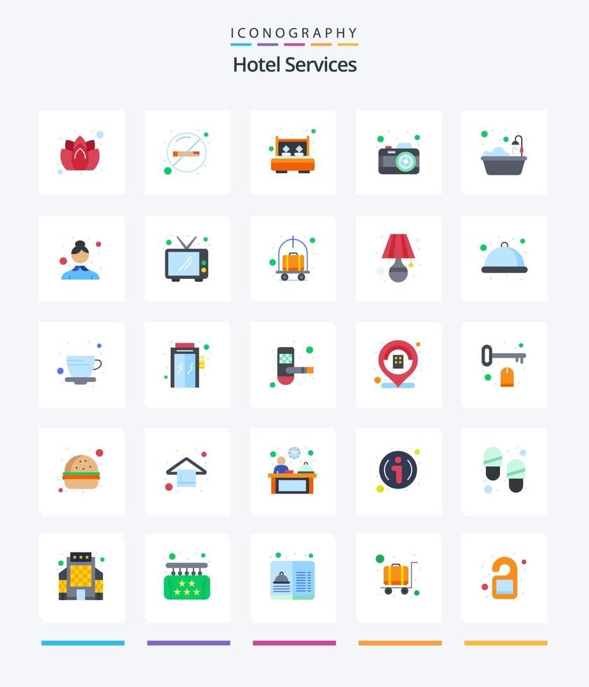 servicios de hotel creativos 25 paquetes de iconos planos como hotel. baño. cama. imagen. cámara vector
