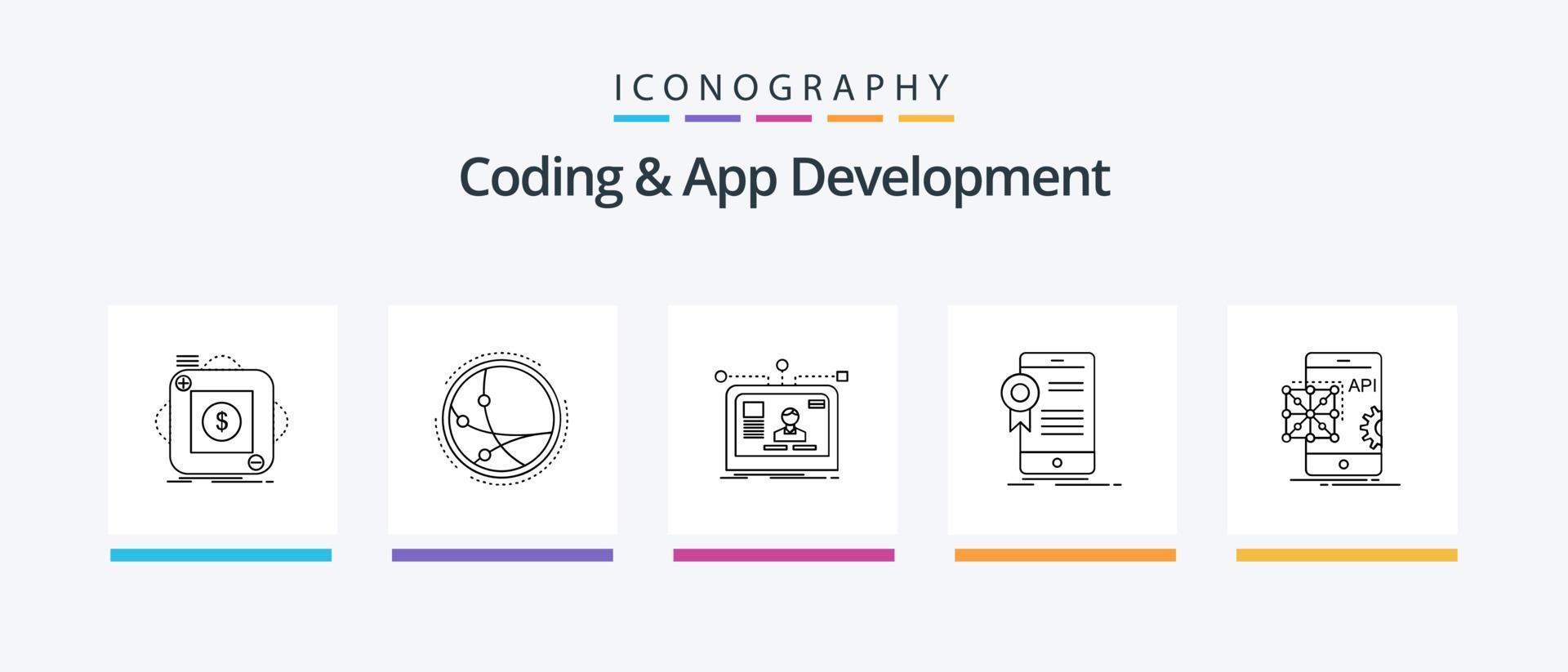 Coding And App Development Line 5 Icon Pack Including computer. app. shuttle. entertainment. gaming. Creative Icons Design vector