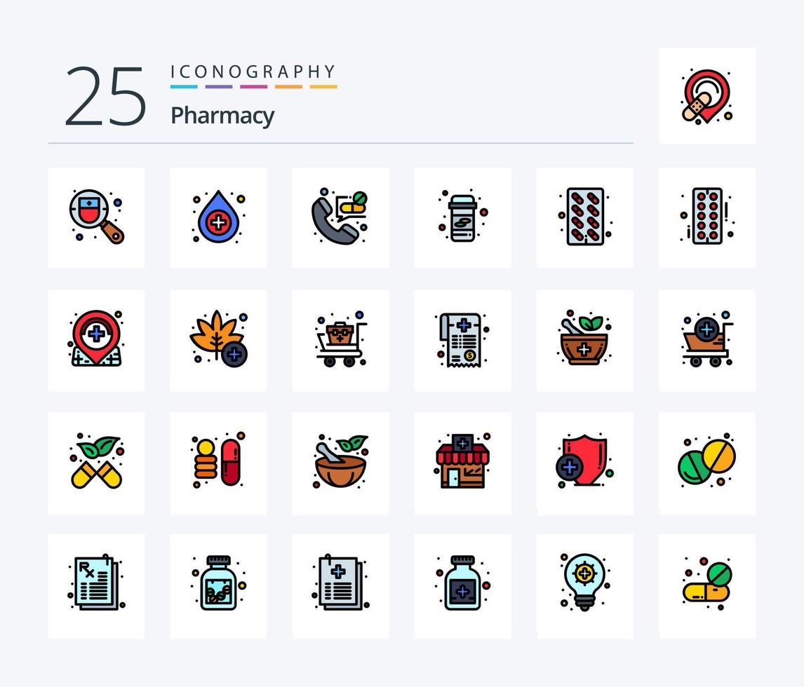 Pharmacy 25 Line Filled icon pack including pills. capsule. contact. pills. medicine vector