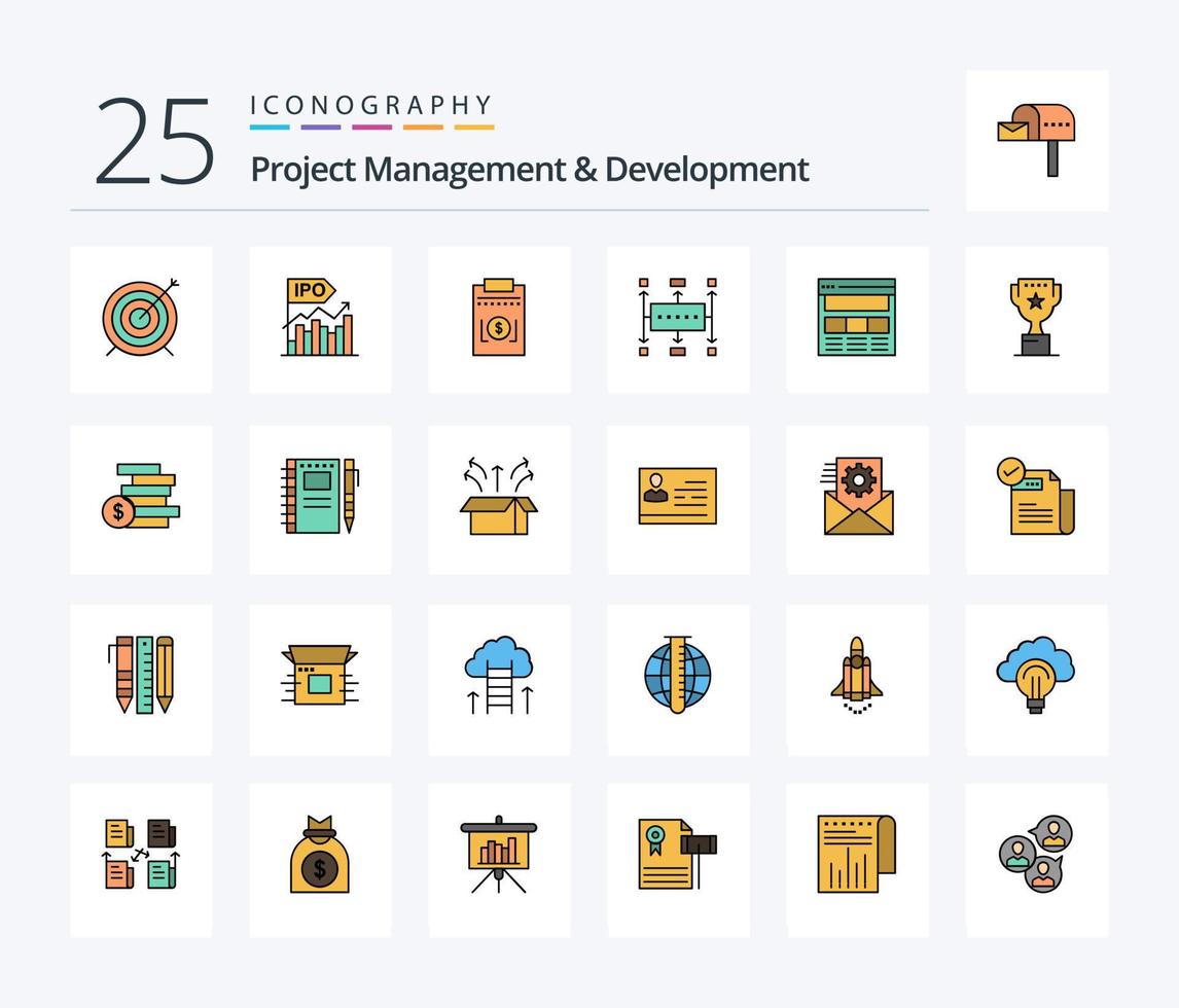Project Management And Development 25 Line Filled icon pack including modern. workflow planning. offer. workflow. dollar vector