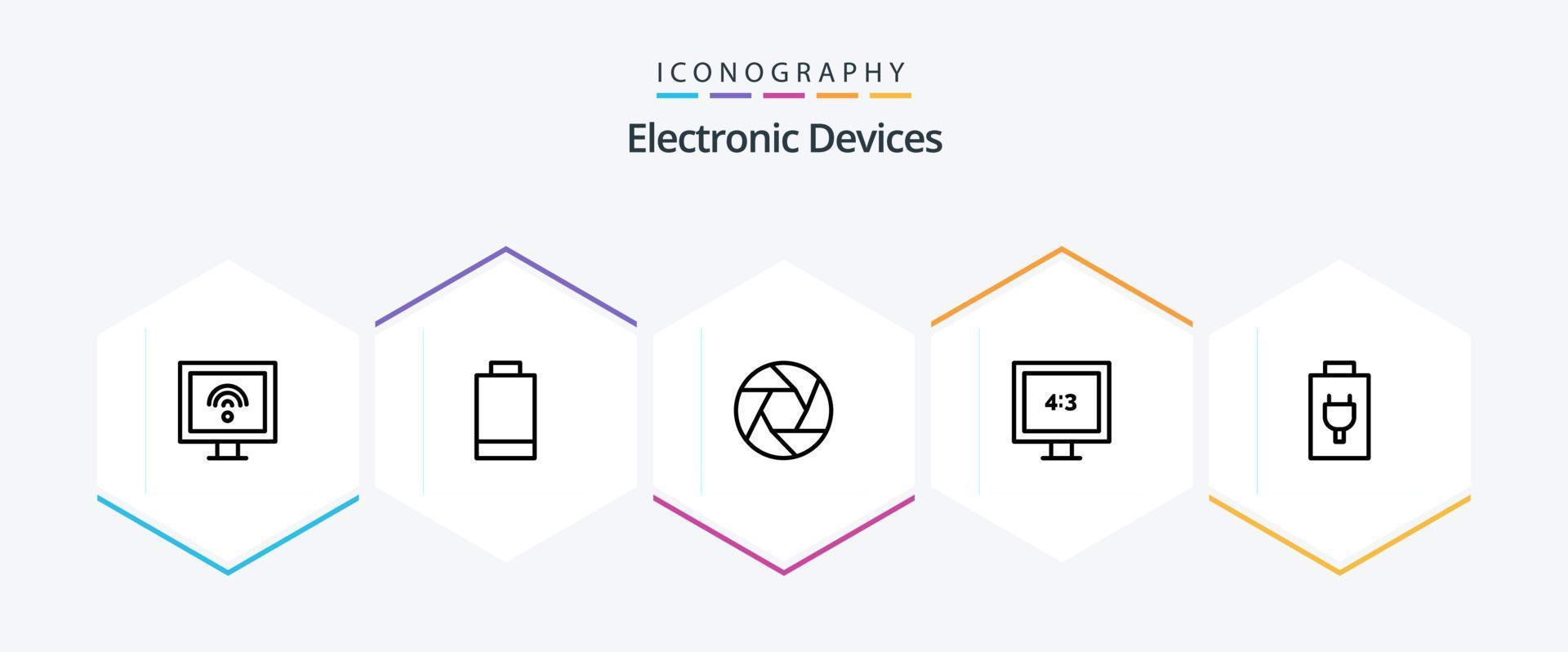 paquete de iconos de 25 líneas de dispositivos que incluye . cargar. cámara. batería. mostrar vector