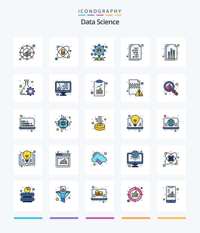 paquete de iconos llenos de 25 líneas de ciencia de datos creativos, como documento. documento. ciencia. código binario. usuario vector