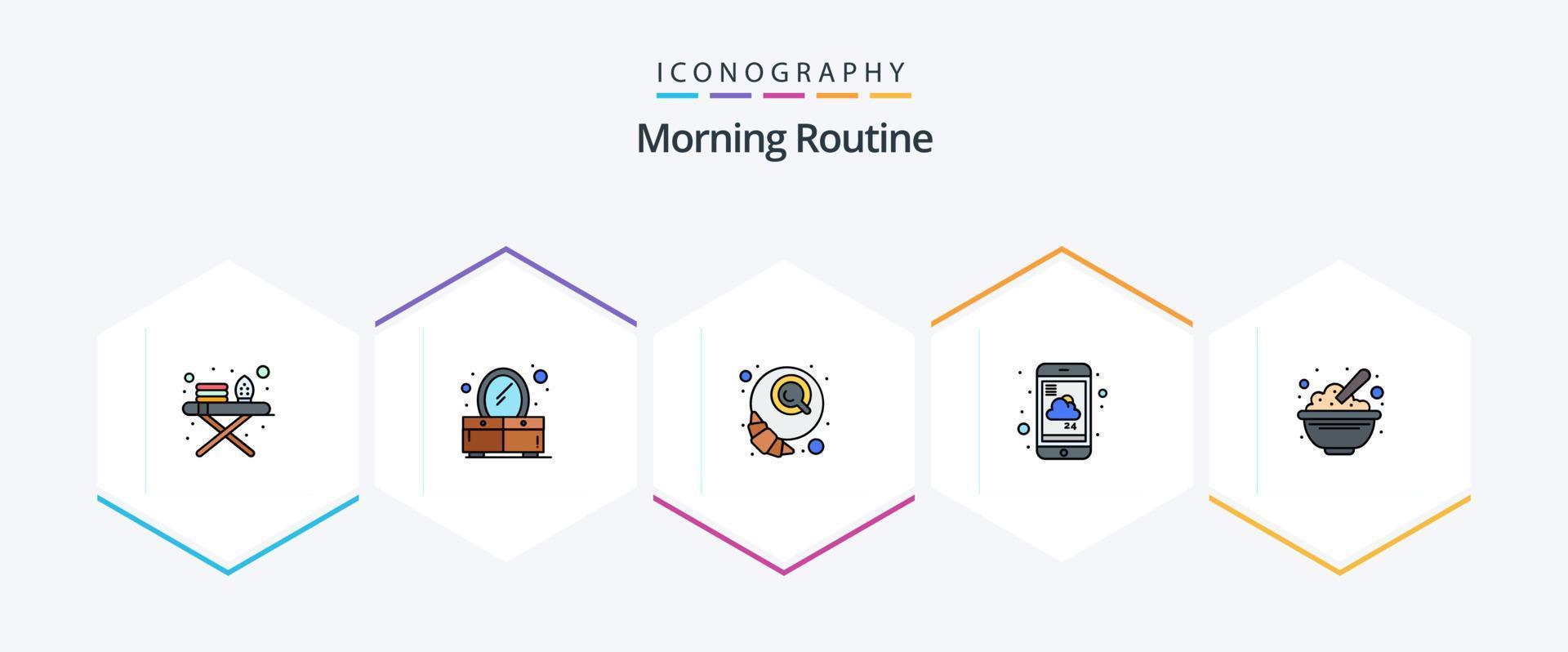Morning Routine 25 FilledLine icon pack including food. bowl. croissant. weather. report vector