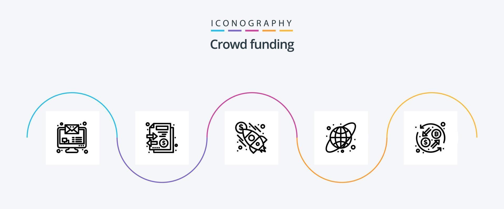 Crowdfunding Line 5 Icon Pack Including transformation. currency exchange. launch. currency. circular grid vector