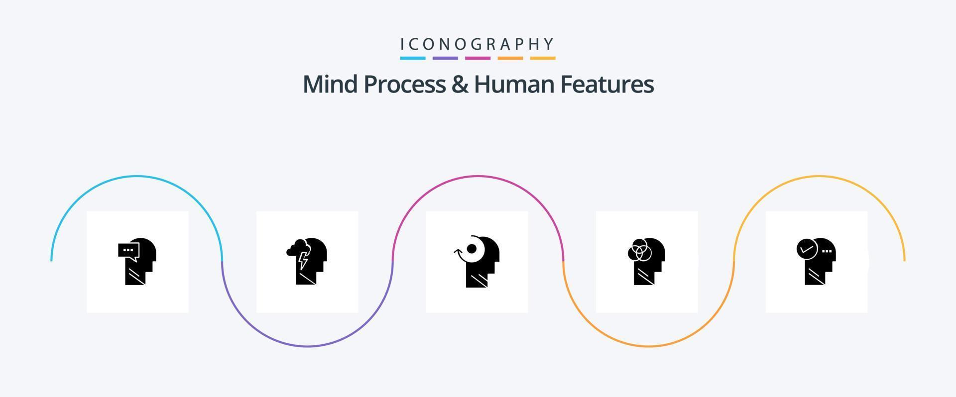 Mind Process And Human Features Glyph 5 Icon Pack Including head. head. clear. intelligent. human intelligence vector