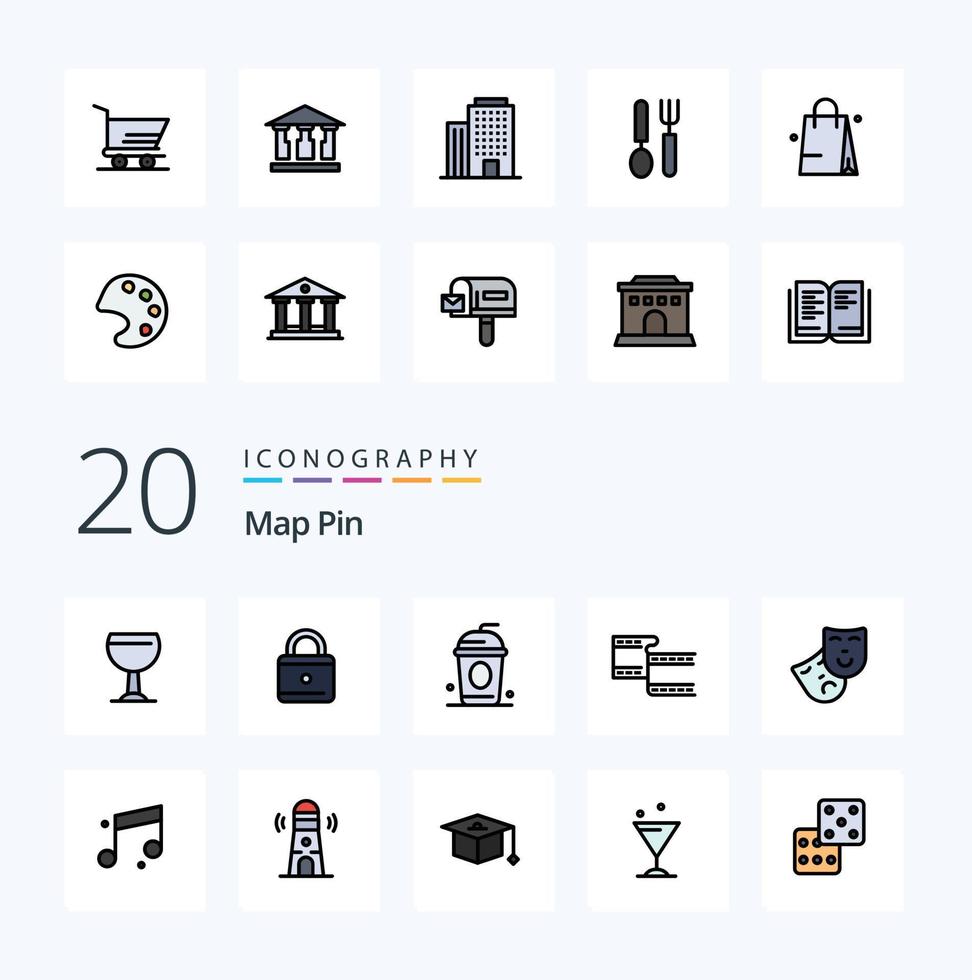 20 Map Pin Line Filled Color icon Pack like sound audio paris theatre mask vector