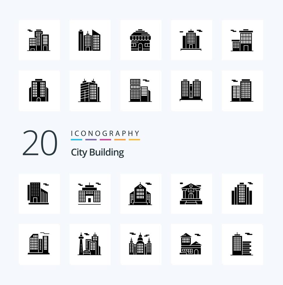 20 City Building Solid Glyph icon Pack like bank account corporation house business construction vector