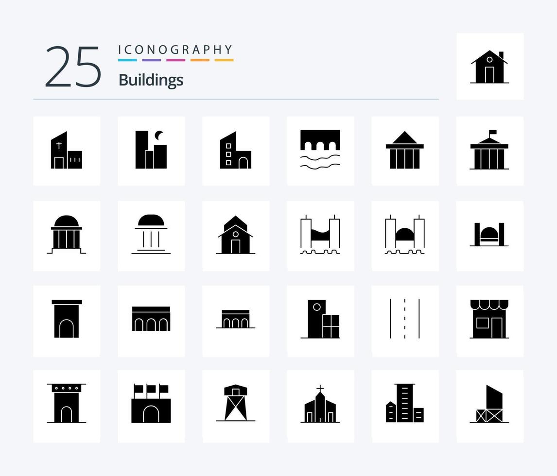 paquete de iconos de 25 glifos sólidos de edificios, incluido el histórico. puente. noche. propiedad. bienes vector