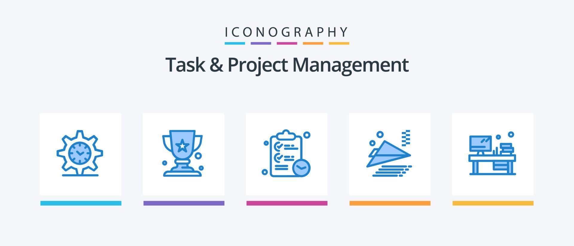 paquete de iconos azul 5 de gestión de tareas y proyectos que incluye monitor. oficina. portapapeles. mesa. avion de papel. diseño de iconos creativos vector