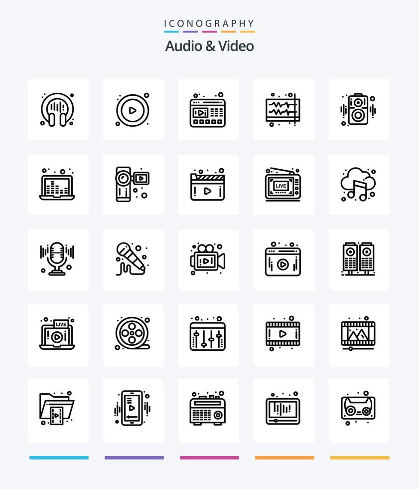Creative Audio And Video 25 OutLine icon pack  Such As loudspeaker. wave. video. volume. music vector