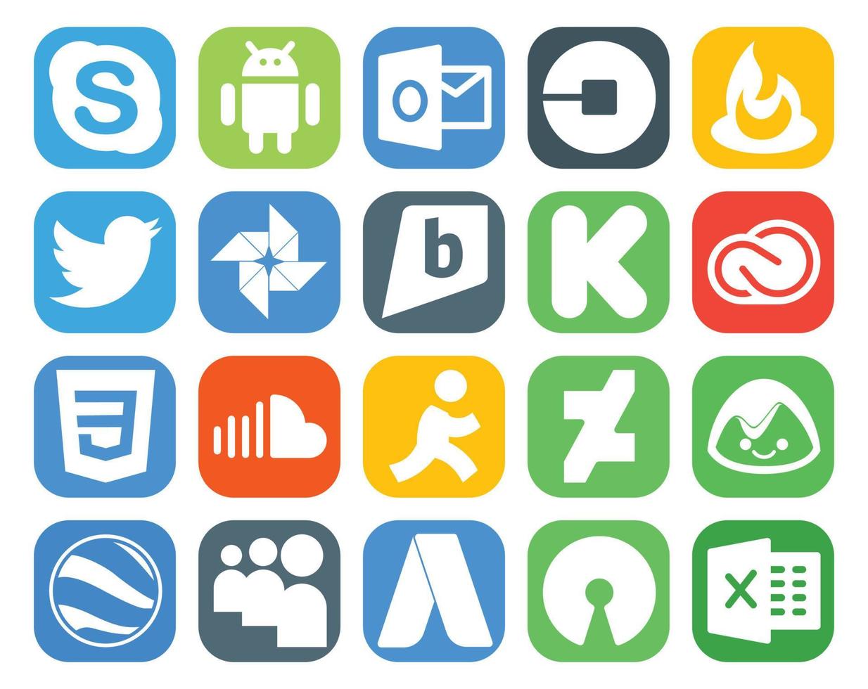 paquete de 20 íconos de redes sociales que incluye soundcloud adobe twitter cc kickstarter vector
