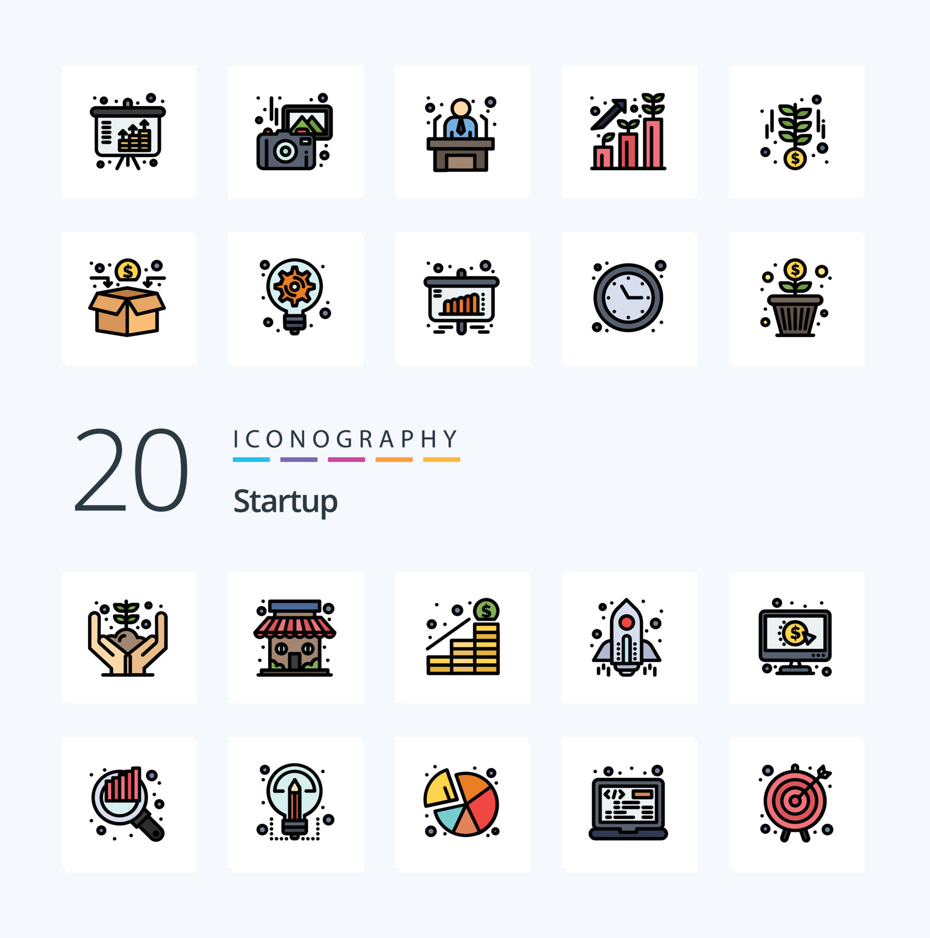 20 Startup Line Filled Color icon Pack like pay launch growth startup