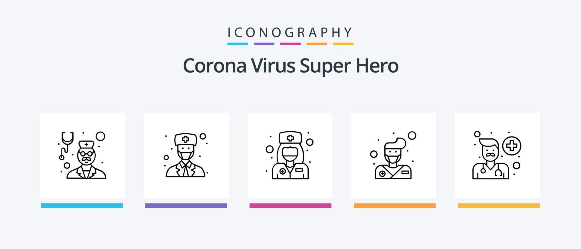 corona virus super héroe línea 5 paquete de iconos que incluye niña. farmacéutico. femenino. hospital. femenino. diseño de iconos creativos vector