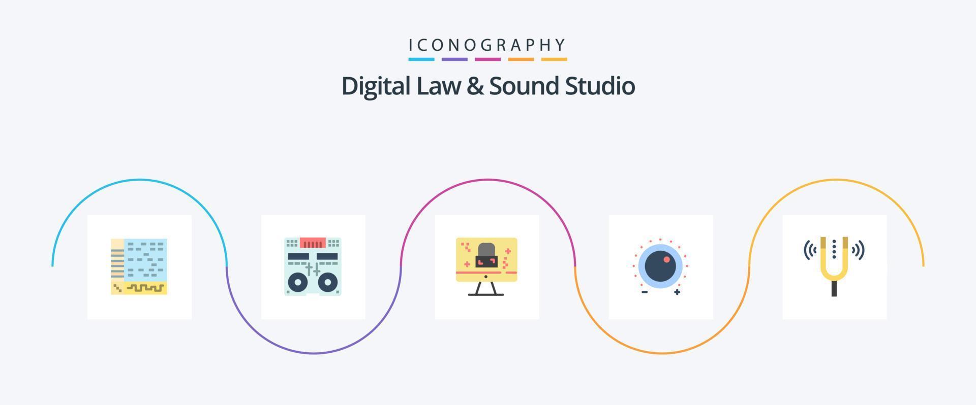 paquete de iconos de 5 planos de estudio de derecho y sonido digital que incluye nivel. control. mezclador. audio. pantalla vector