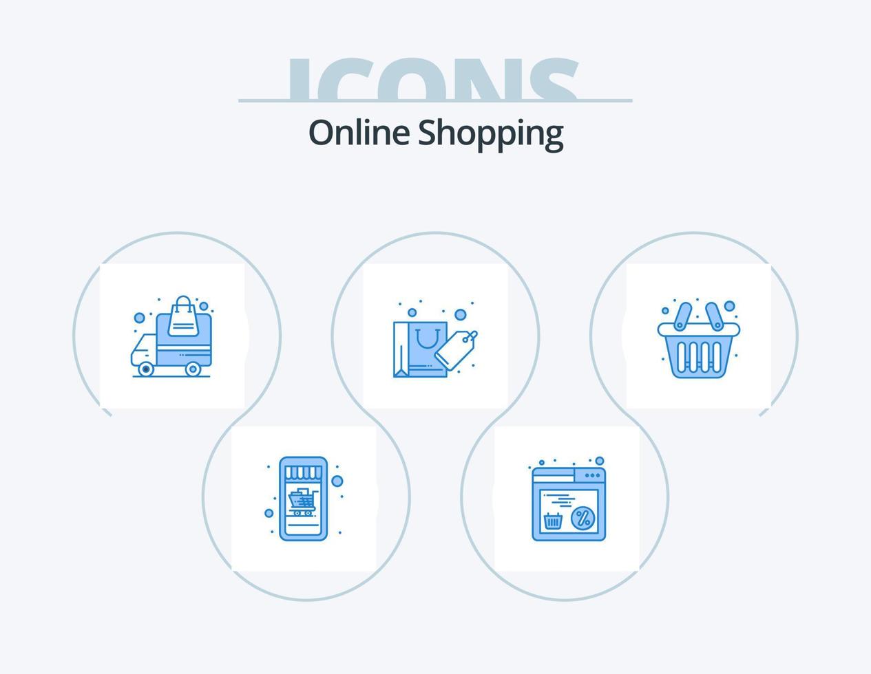 compras en línea paquete de iconos azules 5 diseño de iconos. compras. cesta. transporte. venta. descuento vector