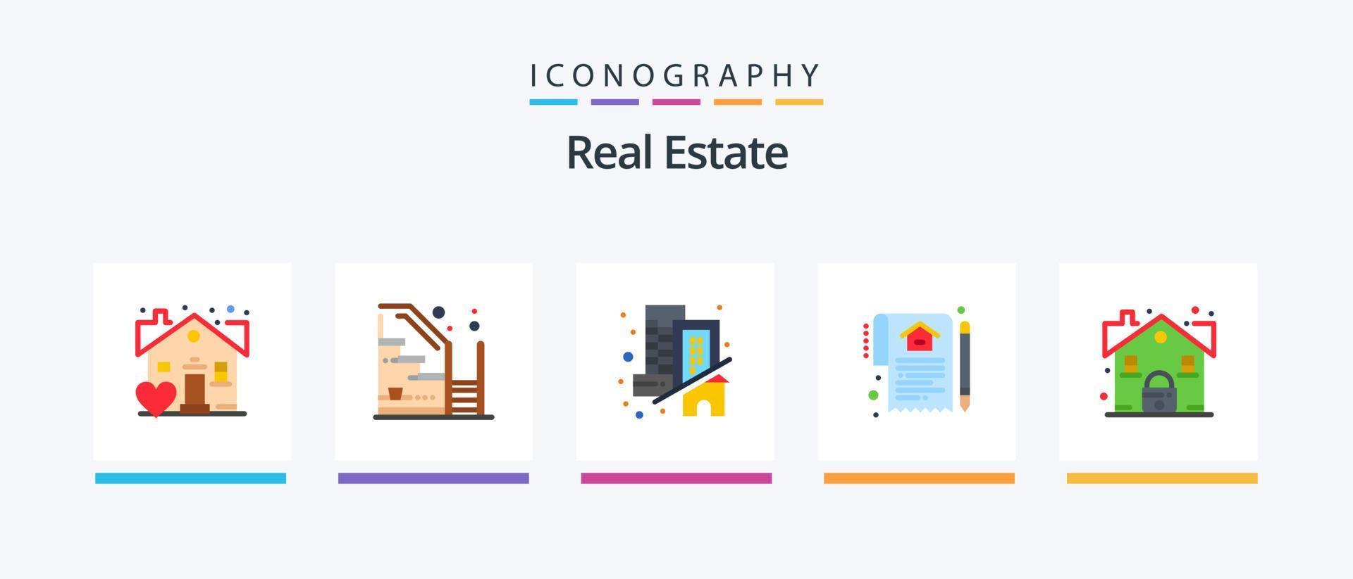 Real Estate Flat 5 Icon Pack Including estate. deal. building. house. document. Creative Icons Design vector