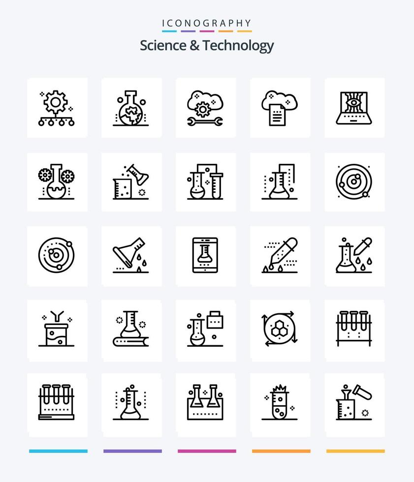 Creative Science And Technology 25 OutLine icon pack  Such As online docs. digital storage. study of earth surface. cloud reporting. cloud settings vector