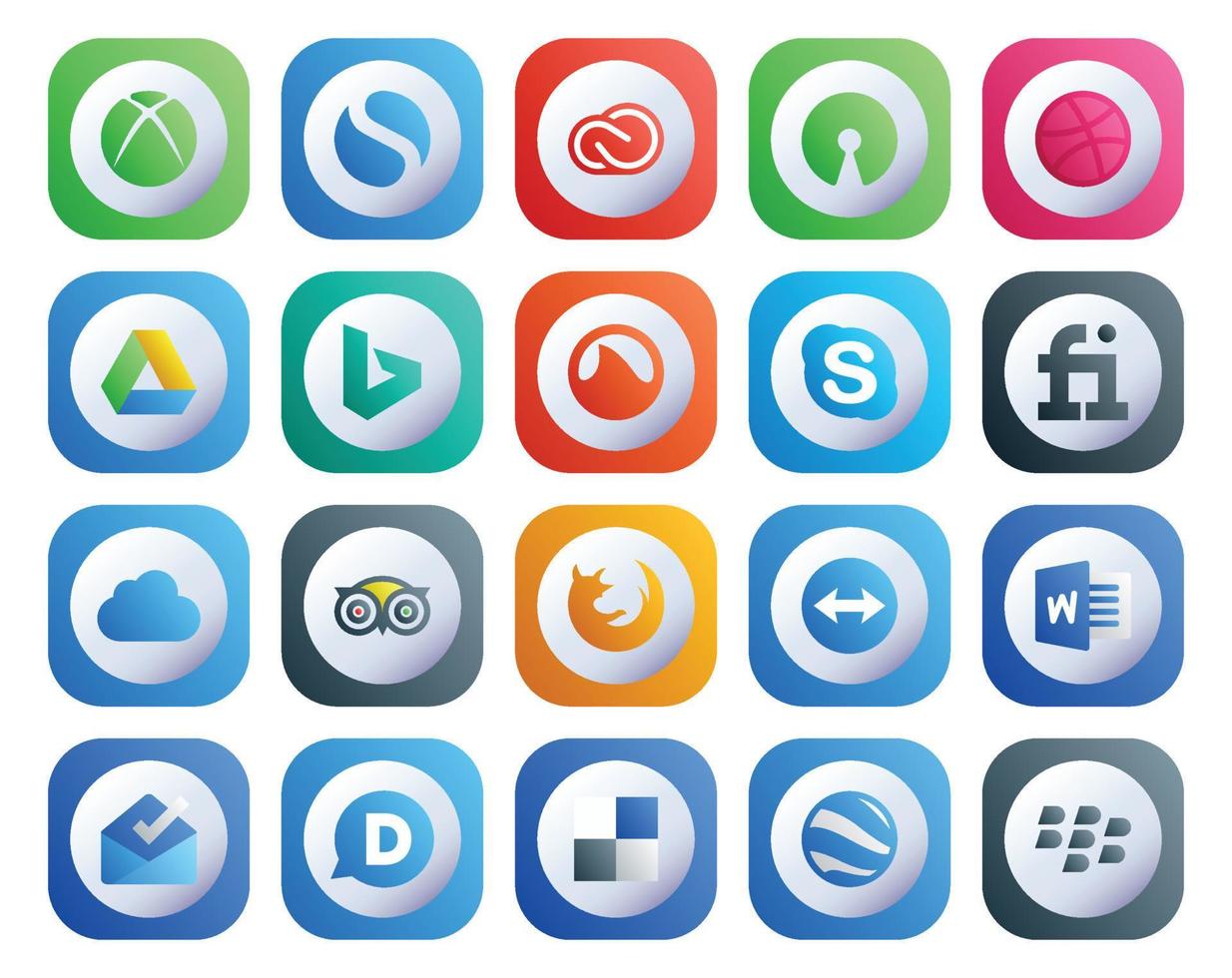 paquete de 20 íconos de redes sociales que incluye navegador travel bing tripadvisor fiverr vector