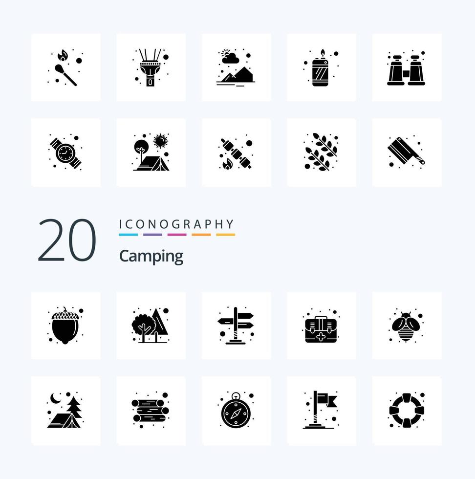 20 Camping Solid Glyph icon Pack like adventure fly navigation bee first vector