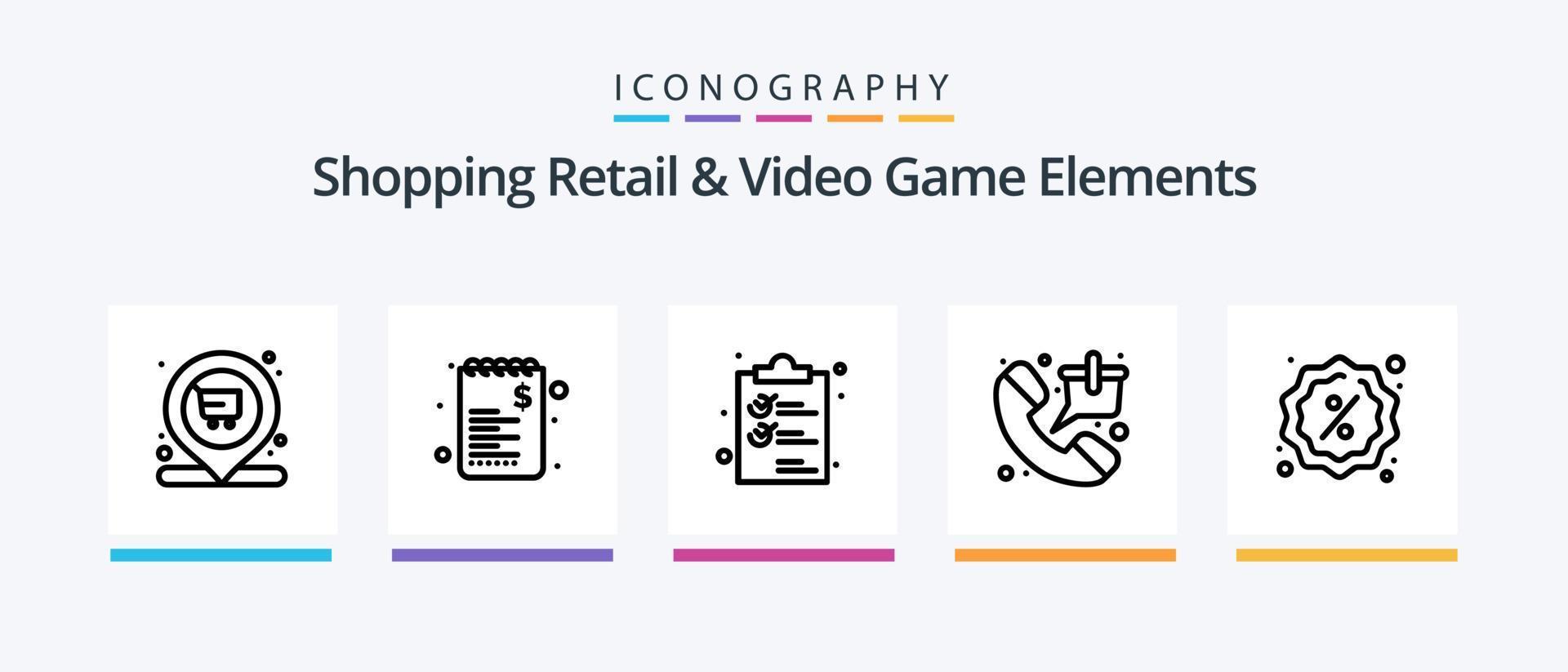 Shoping Retail And Video Game Elements Line 5 Icon Pack Including shop. spacecraft. document. shuttle. guidelines. Creative Icons Design vector