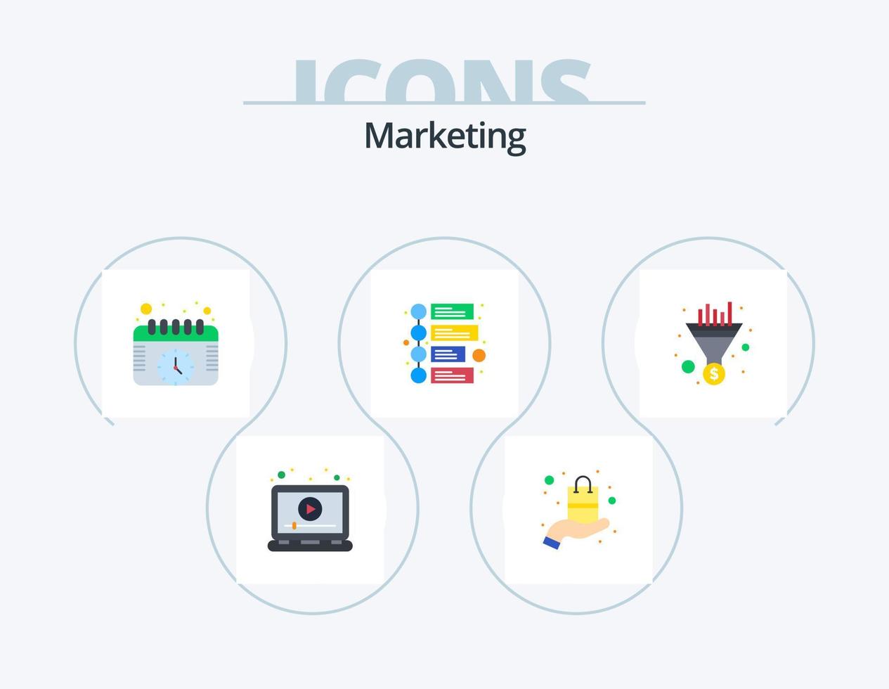 marketing flat icon pack 5 diseño de iconos. embudo. línea de tiempo vender. marketing. mirar vector