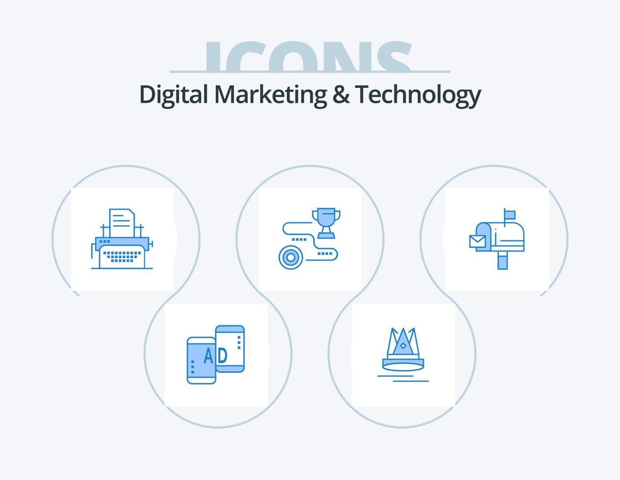 Digital Marketing And Technology Blue Icon Pack 5 Icon Design. mail. path. printer. success. achievement vector