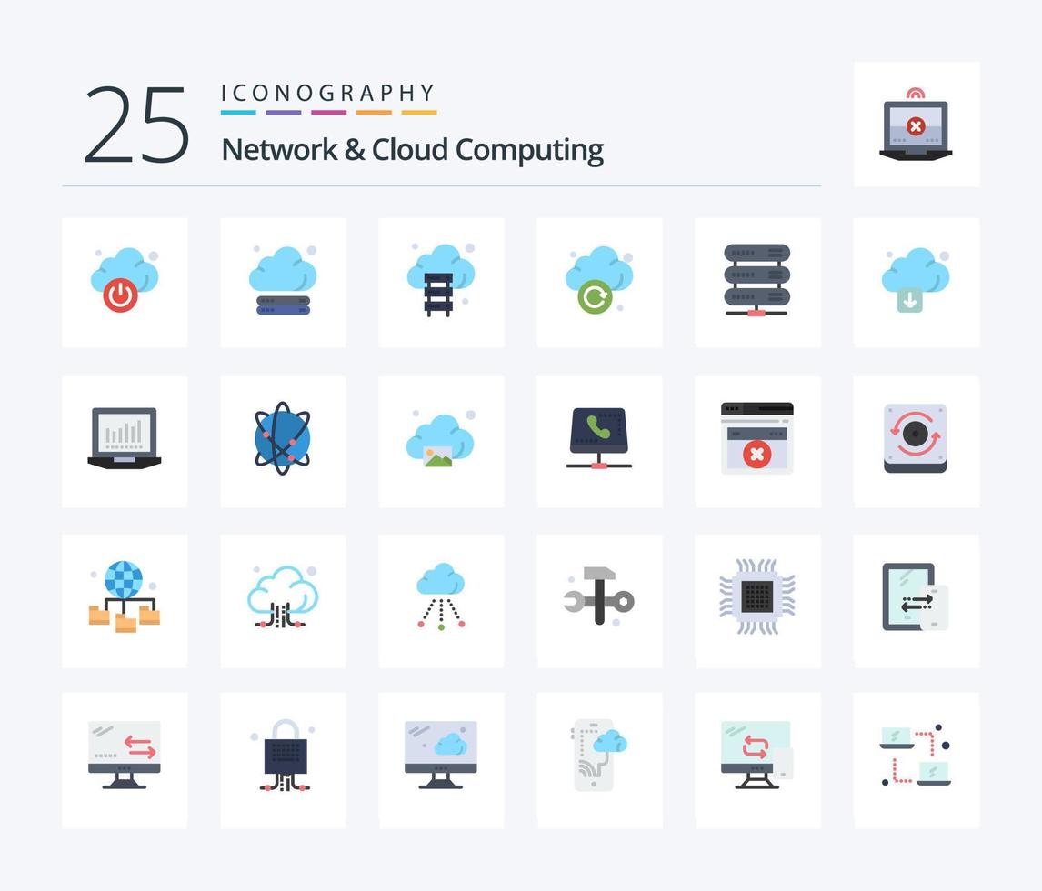 Network And Cloud Computing 25 Flat Color icon pack including download. cloud. refresh. storage. data vector
