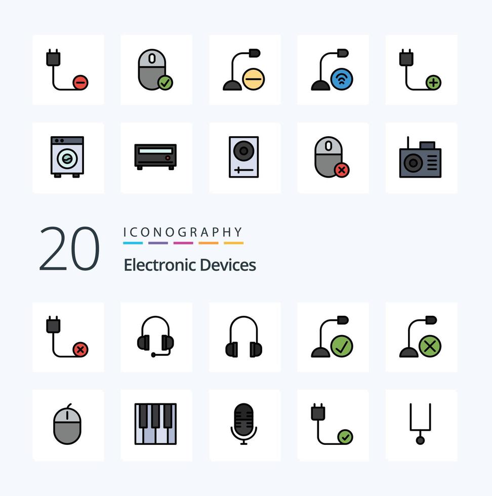 20 Devices Line Filled Color icon Pack like hardware devices computers connected power vector
