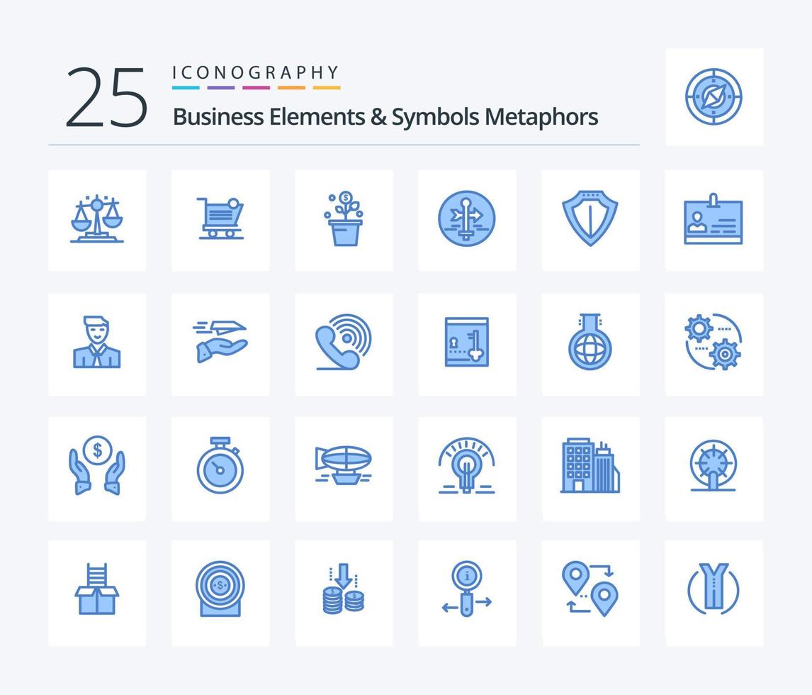 Elementos comerciales y metáforas de símbolos Paquete de iconos de 25 colores azules que incluye un puntero de mapa. guía. almacenar. junta. maceta vector