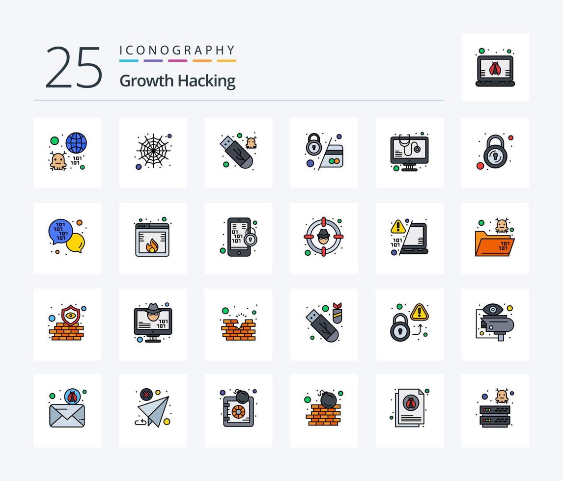 Hacking 25 Line Filled icon pack including diagnosed. pay lock. malware. credit. atm vector