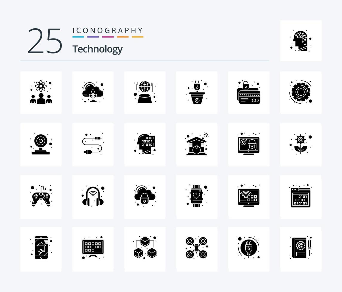 Paquete de iconos de 25 glifos sólidos de tecnología que incluye tarjeta de cajero automático. fuerza. digital. enchufar. energía vector