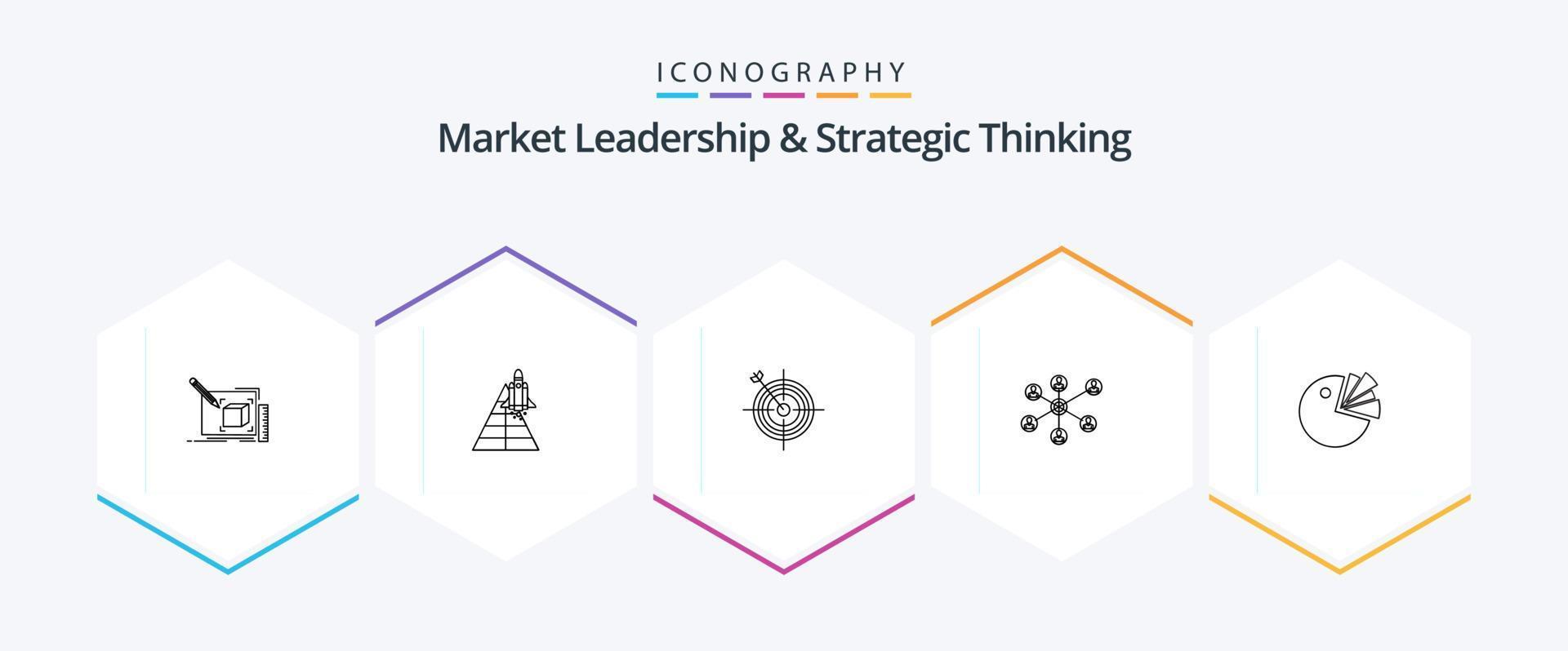 paquete de íconos de 25 líneas de liderazgo de mercado y pensamiento estratégico que incluye redes sociales. wlan nave espacial objetivo. dardo vector